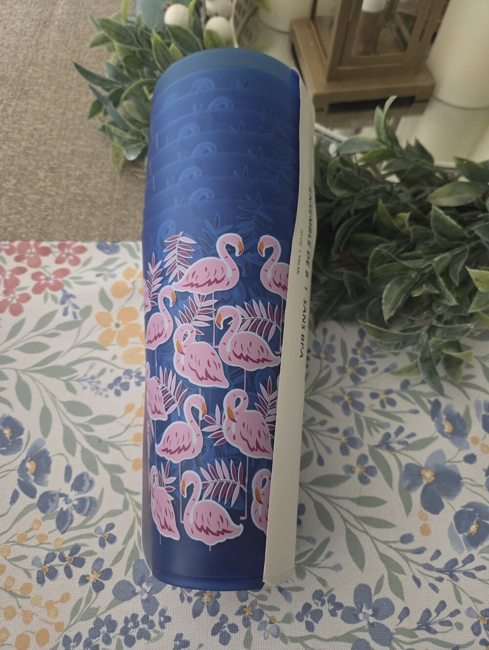 Blue Tumbler with Pink Flamingo Print
